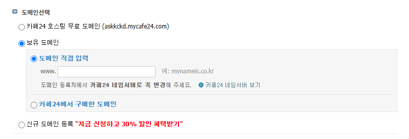 카페24 도메인 설정화면